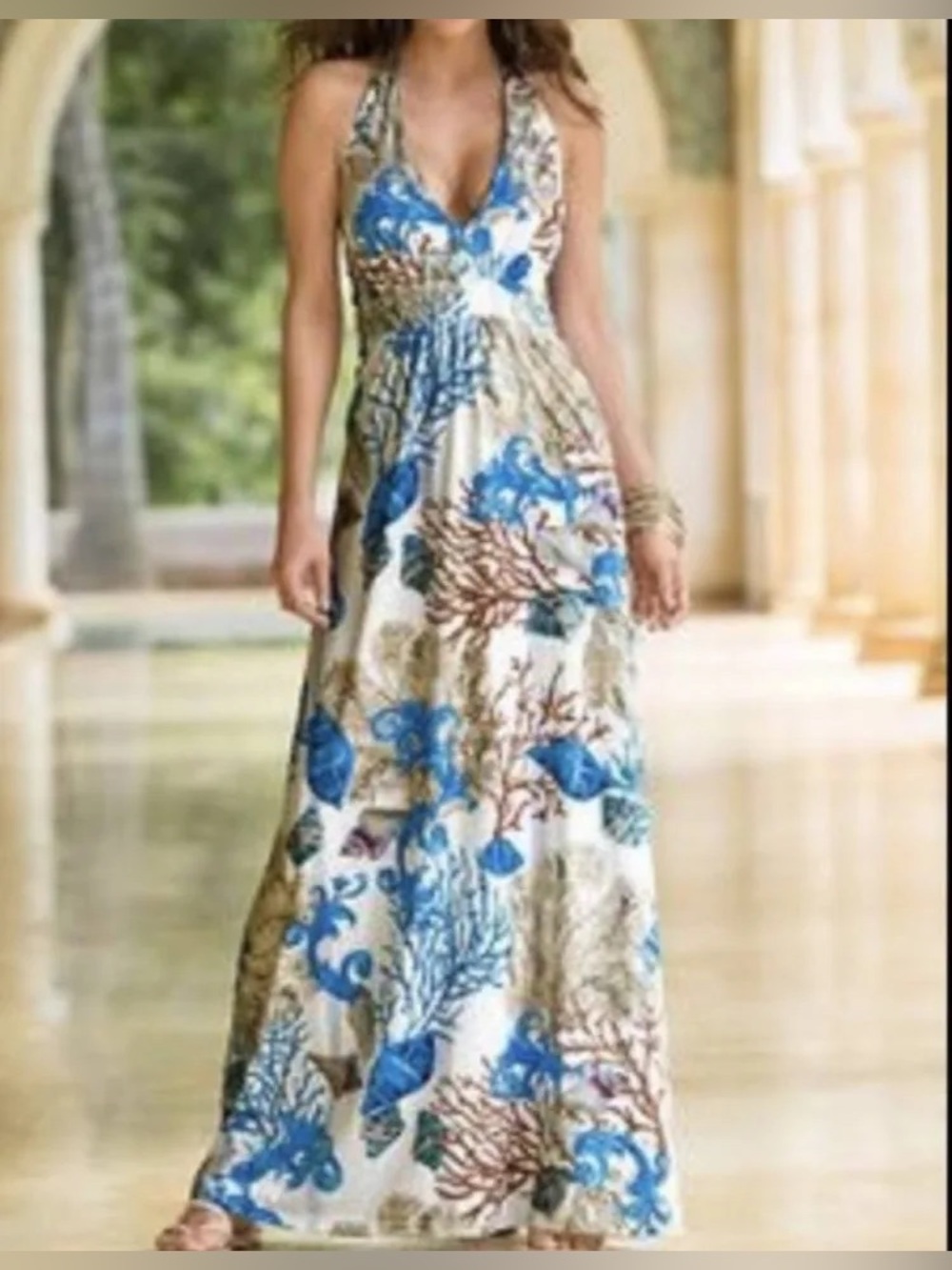 Boston Proper Cream Maxi Dress with Blue Coral sea shell Print - Picture 2 of 10